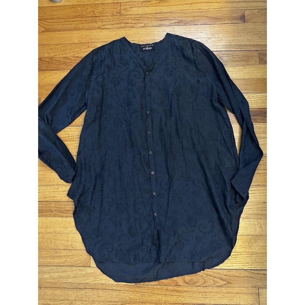 Calypso CP Shades Button Down Semi-Sheer Black Floral Peasant Tunic M EUC